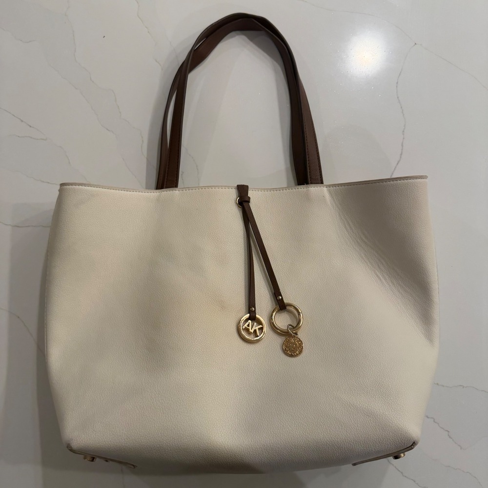 Anne Klein Tote Bag Cream Brown Pebbled Faux Leather Shoulder Bag Gold Hardware